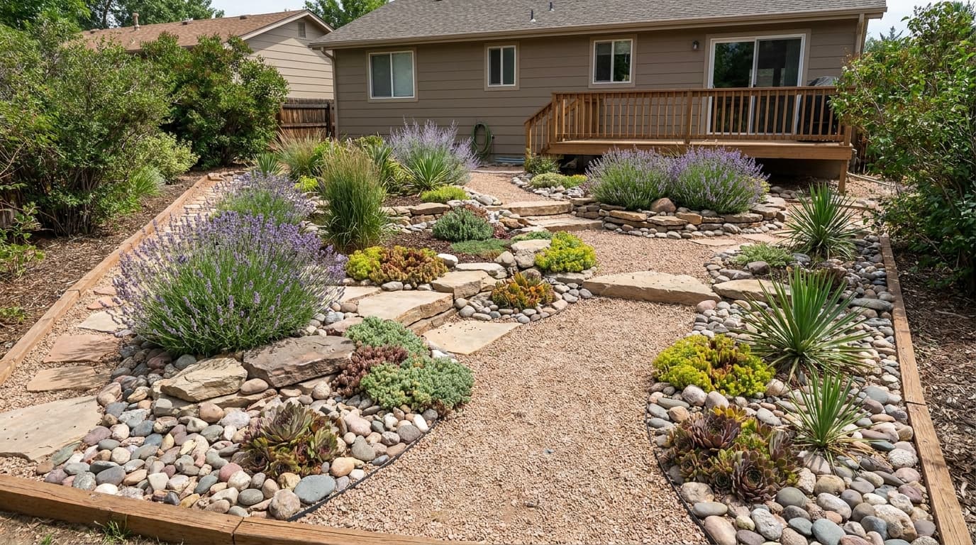 Low-maintenance backyard rock garden with sedum, lavender, gravel, and hardy plants among natural stones.