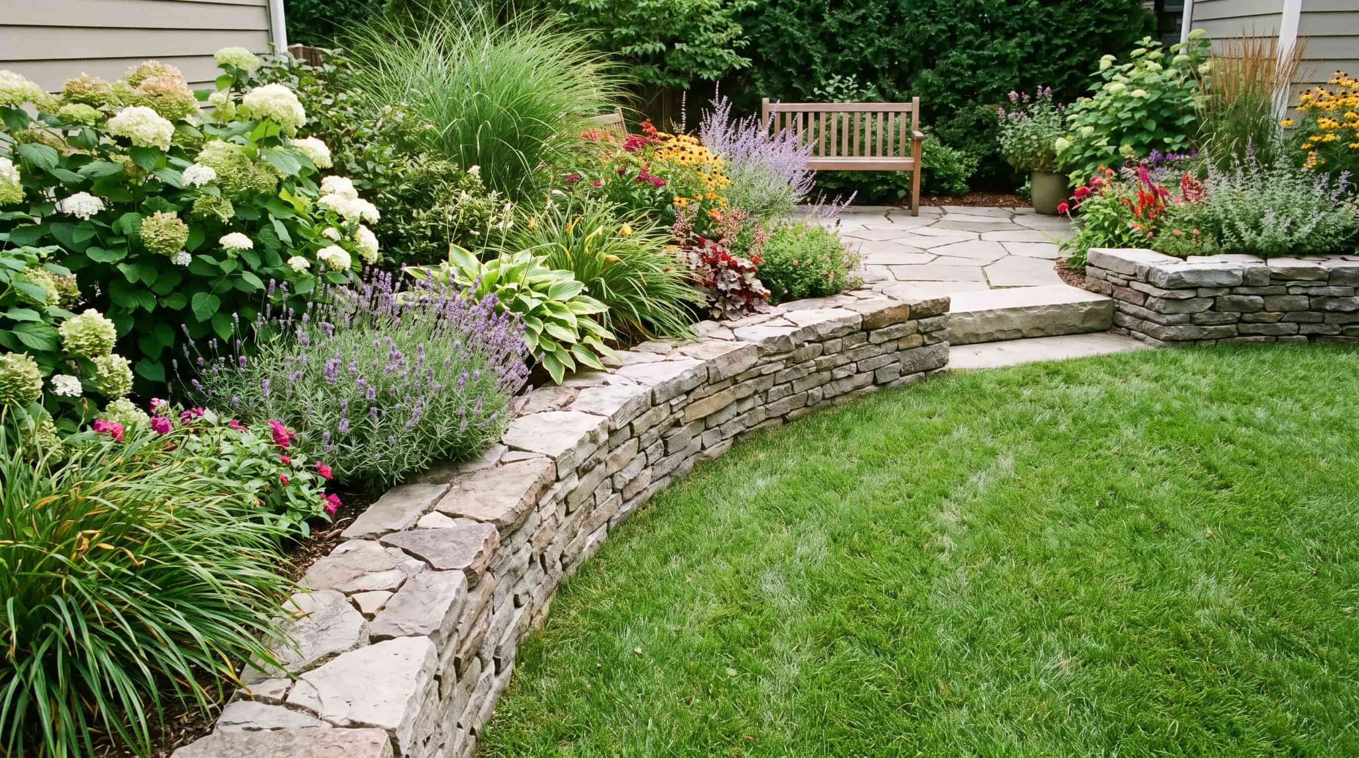 Low retaining wall creating garden borders between lawn and planted areas in a compact backyard.