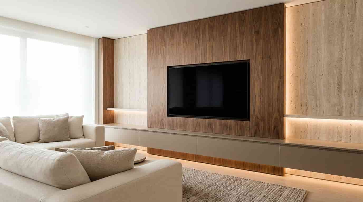 Luxury media wall with wood veneer, stone panels, concealed storage, and subtle lighting in a neutral living room.