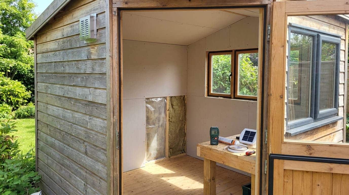 Maintaining an insulated shed with ventilation, sealed windows, and moisture protection features