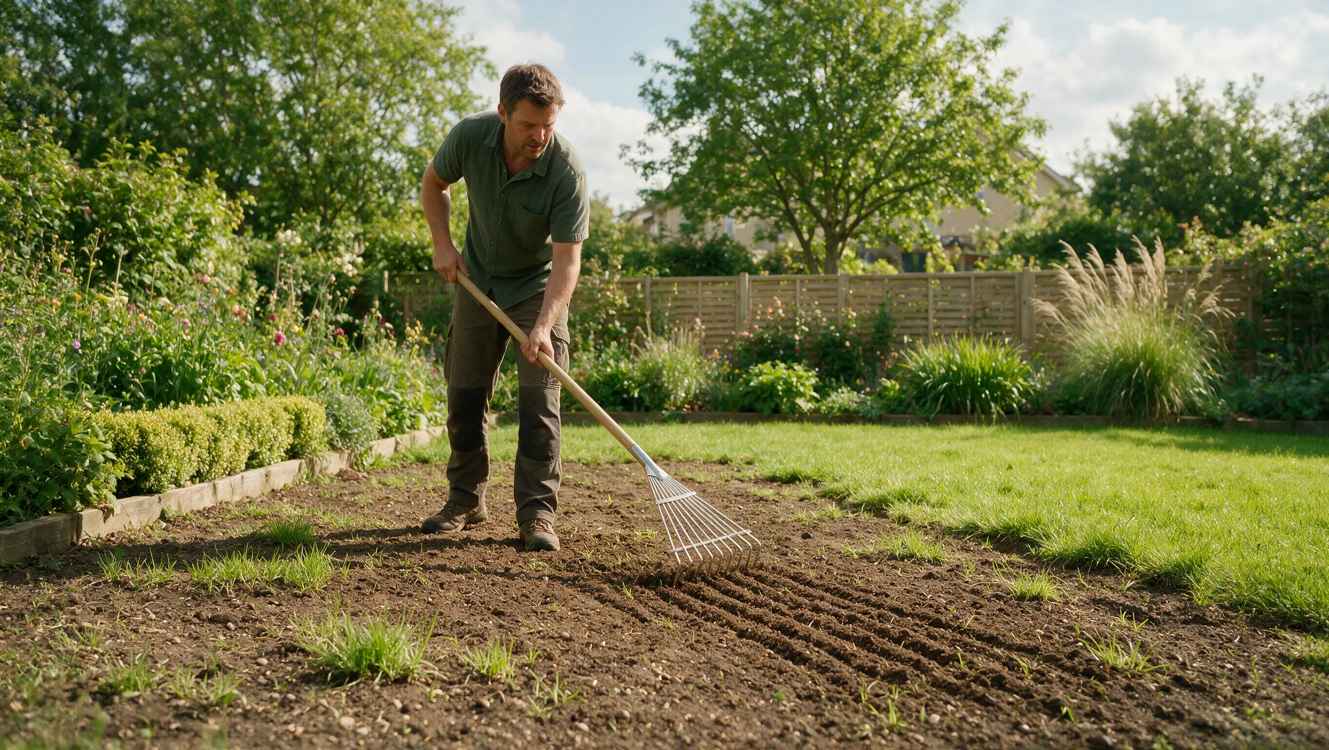Man loosening bare lawn soil with a garden rake before sowing new grass seed.