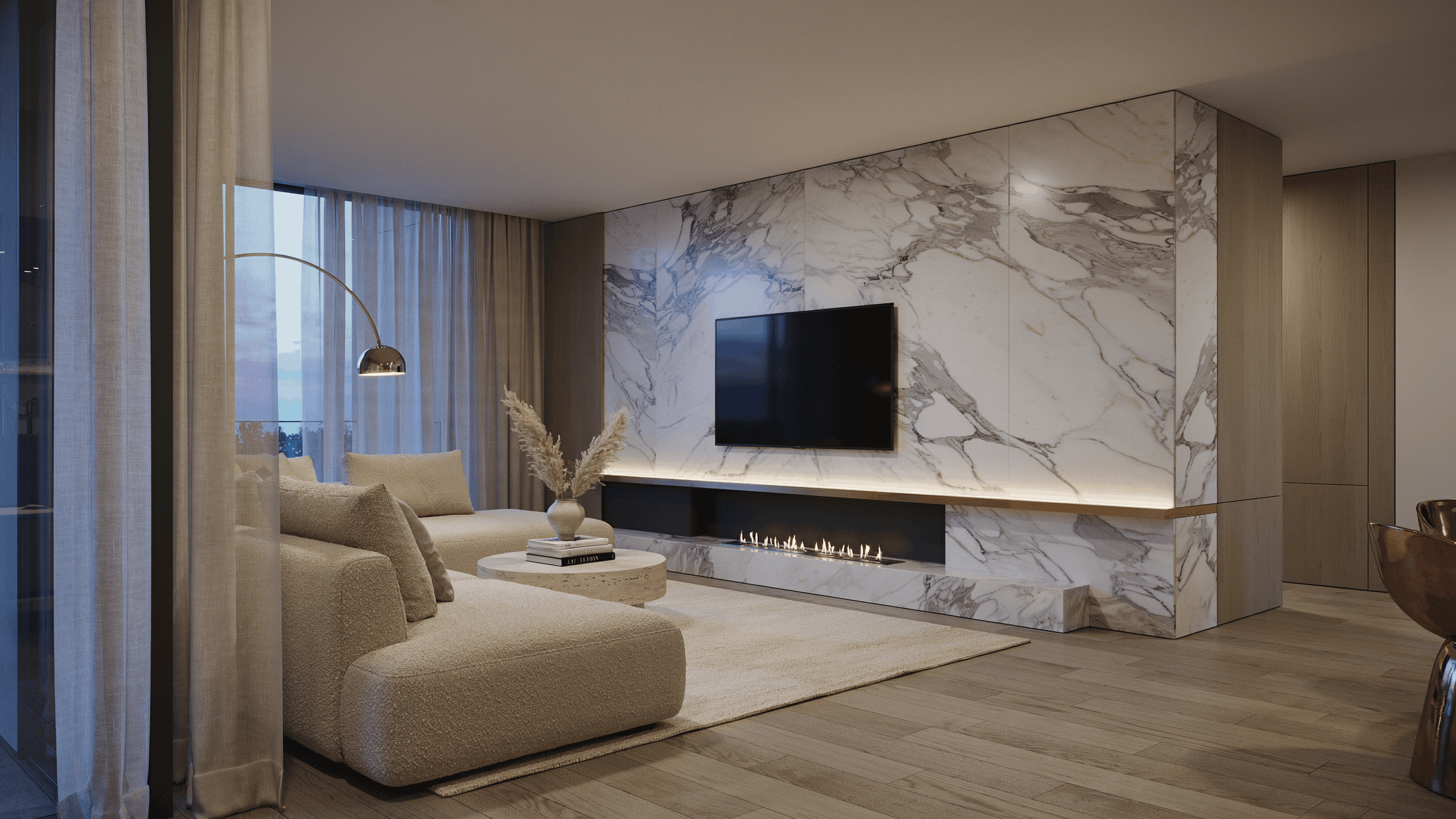 Marble fireplace feature wall with luxury TV setup