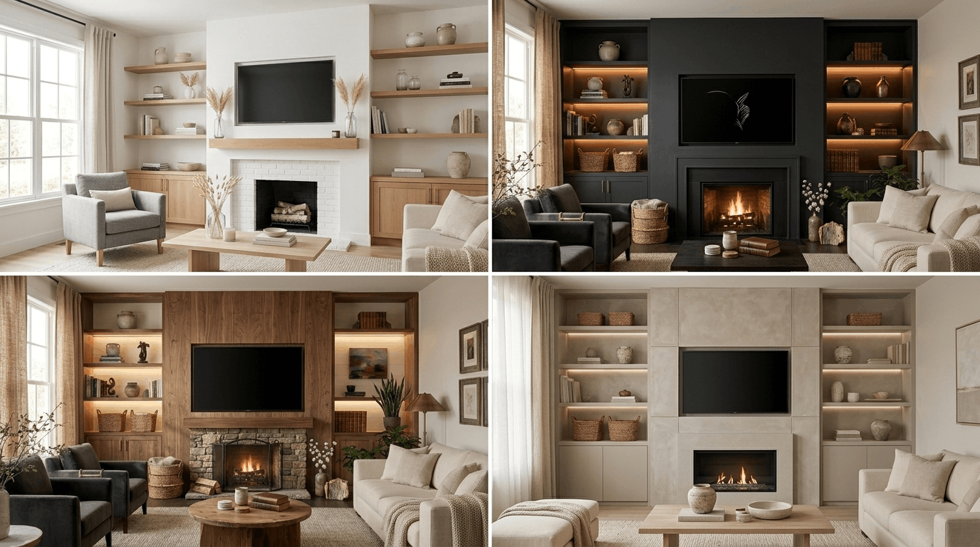 Media wall designs showing white, black, oak, and neutral color schemes