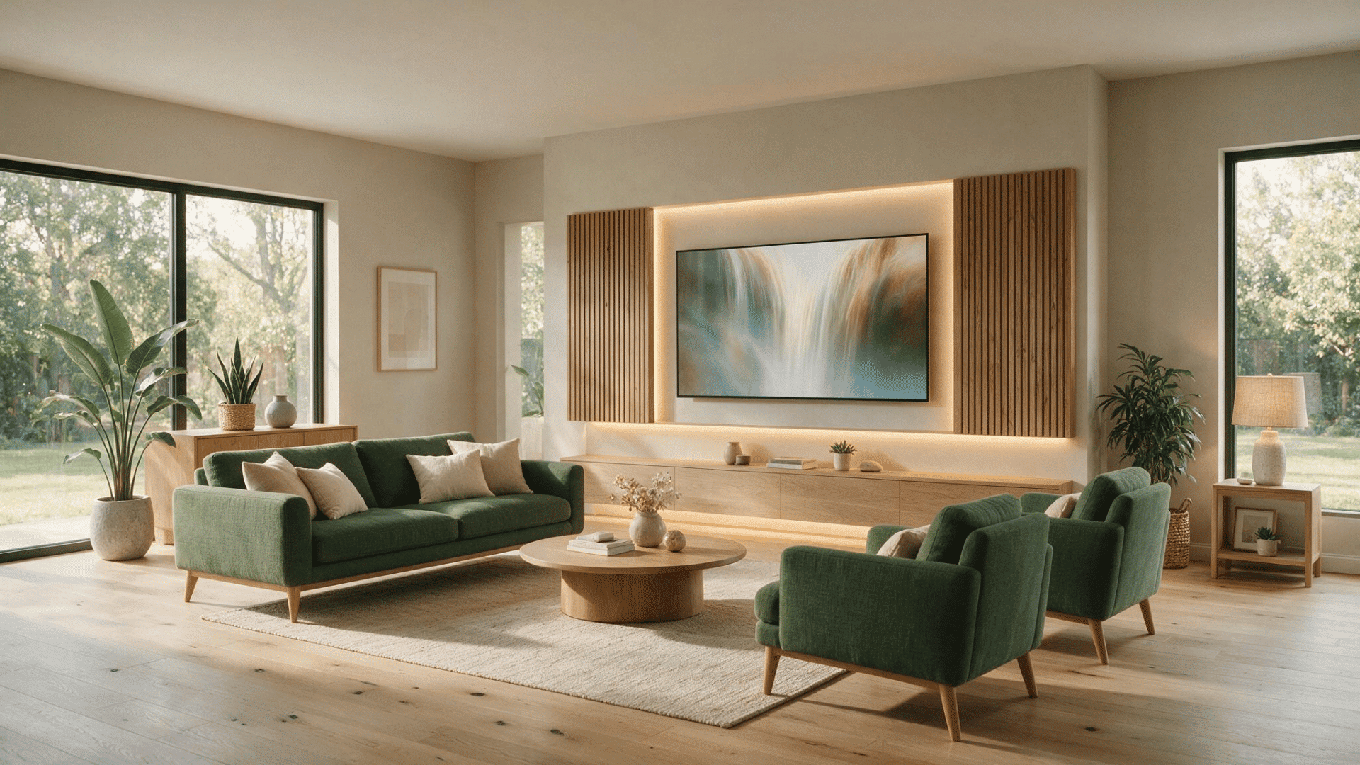 Modern living room with green seating, oak media wall, mounted TV, warm LED lighting, large windows, and indoor plants.