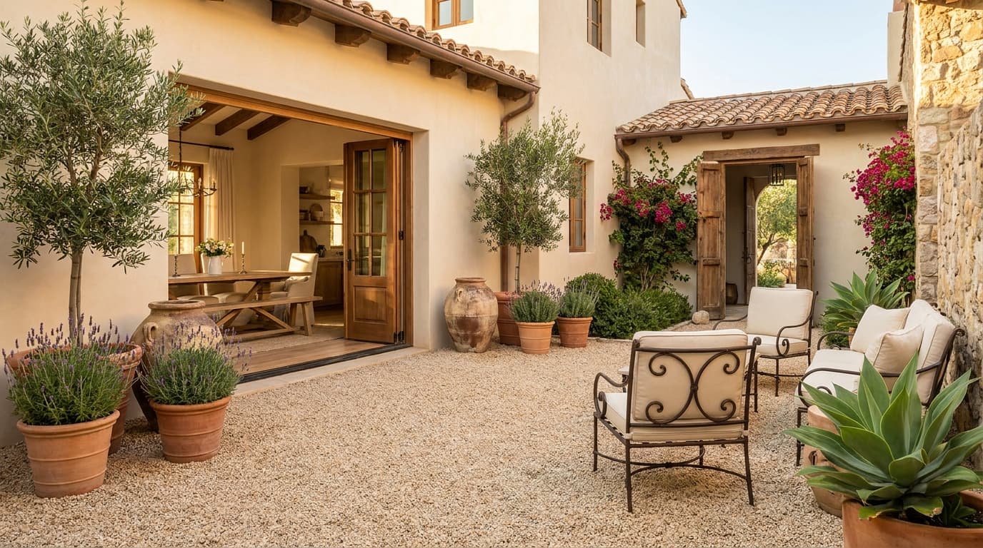 Mediterranean pea gravel patio with terracotta pots, olive trees, and stucco house exterior