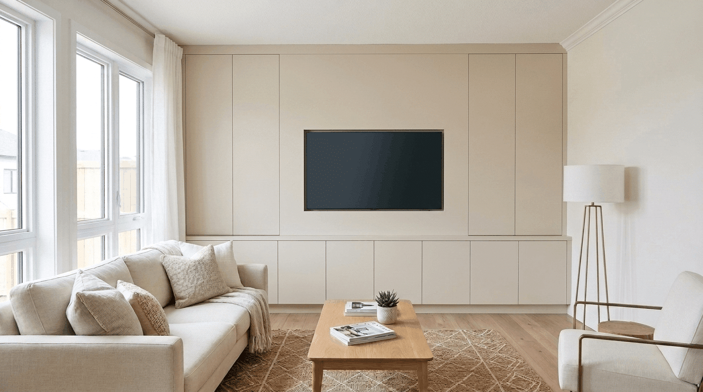 Minimal media wall with concealed storage cabinets