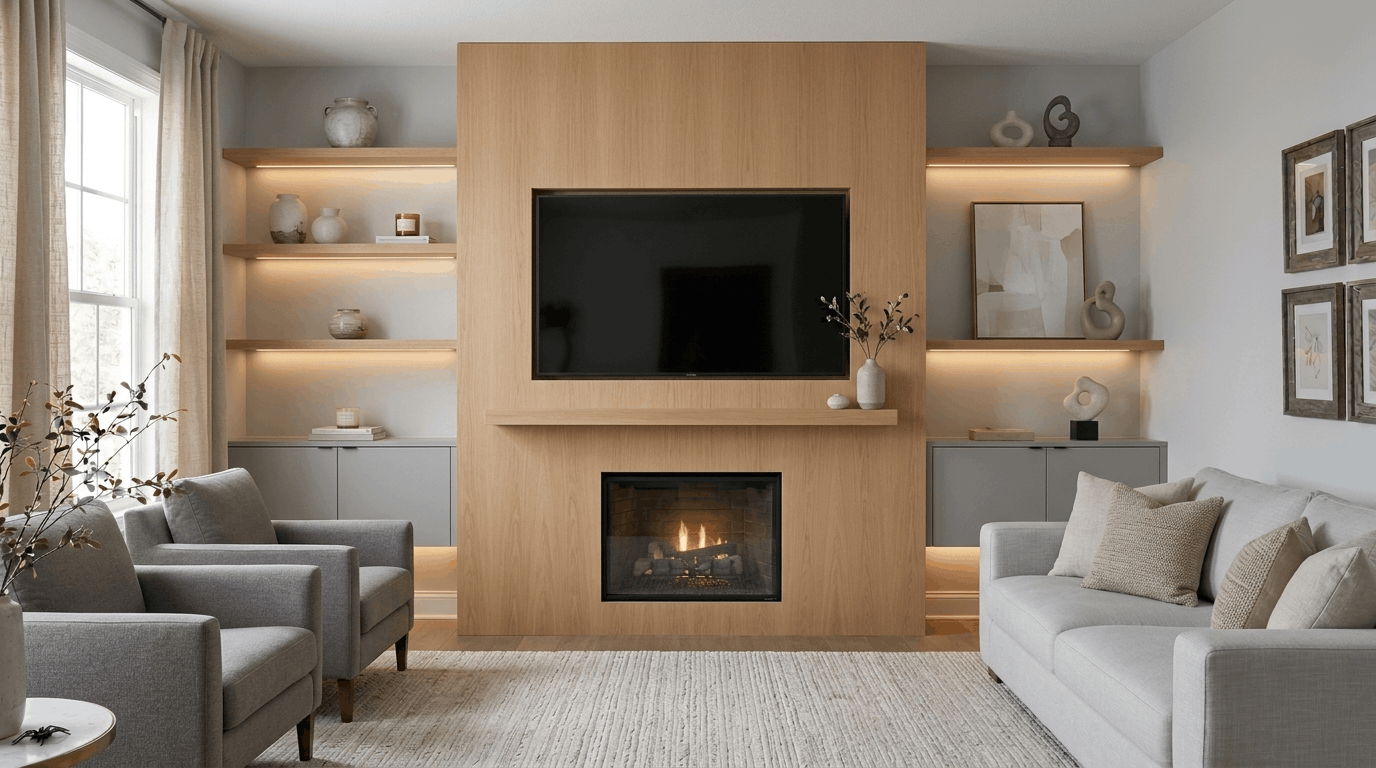 Minimalist floating media wall with wall-mounted TV and hidden storage