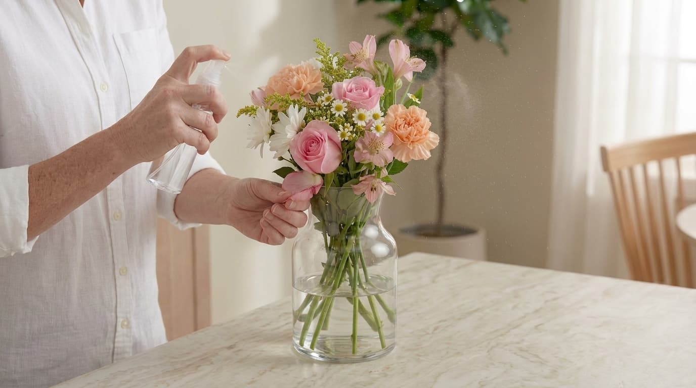 Lightly misting fresh flowers to maintain moisture and keep blooms healthy.