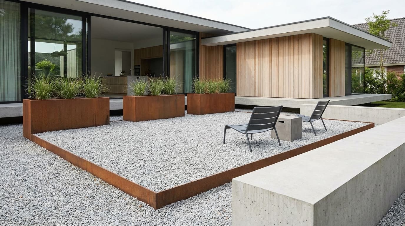 Modern pea gravel patio with clean edging, minimalist furniture, and a small house exterior.