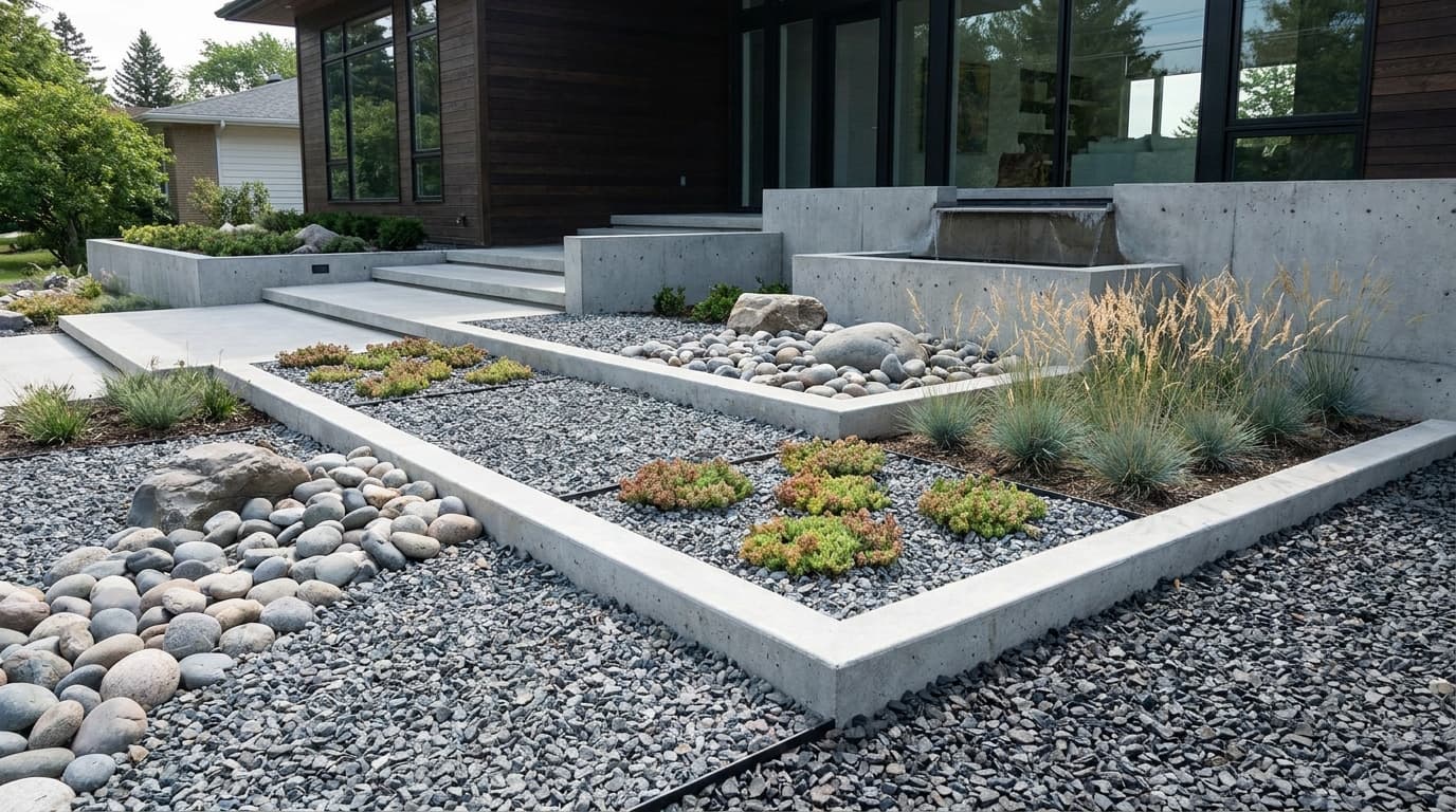 Modern backyard rock garden with geometric gravel beds, clean stone edging, and minimal plants beside a home.