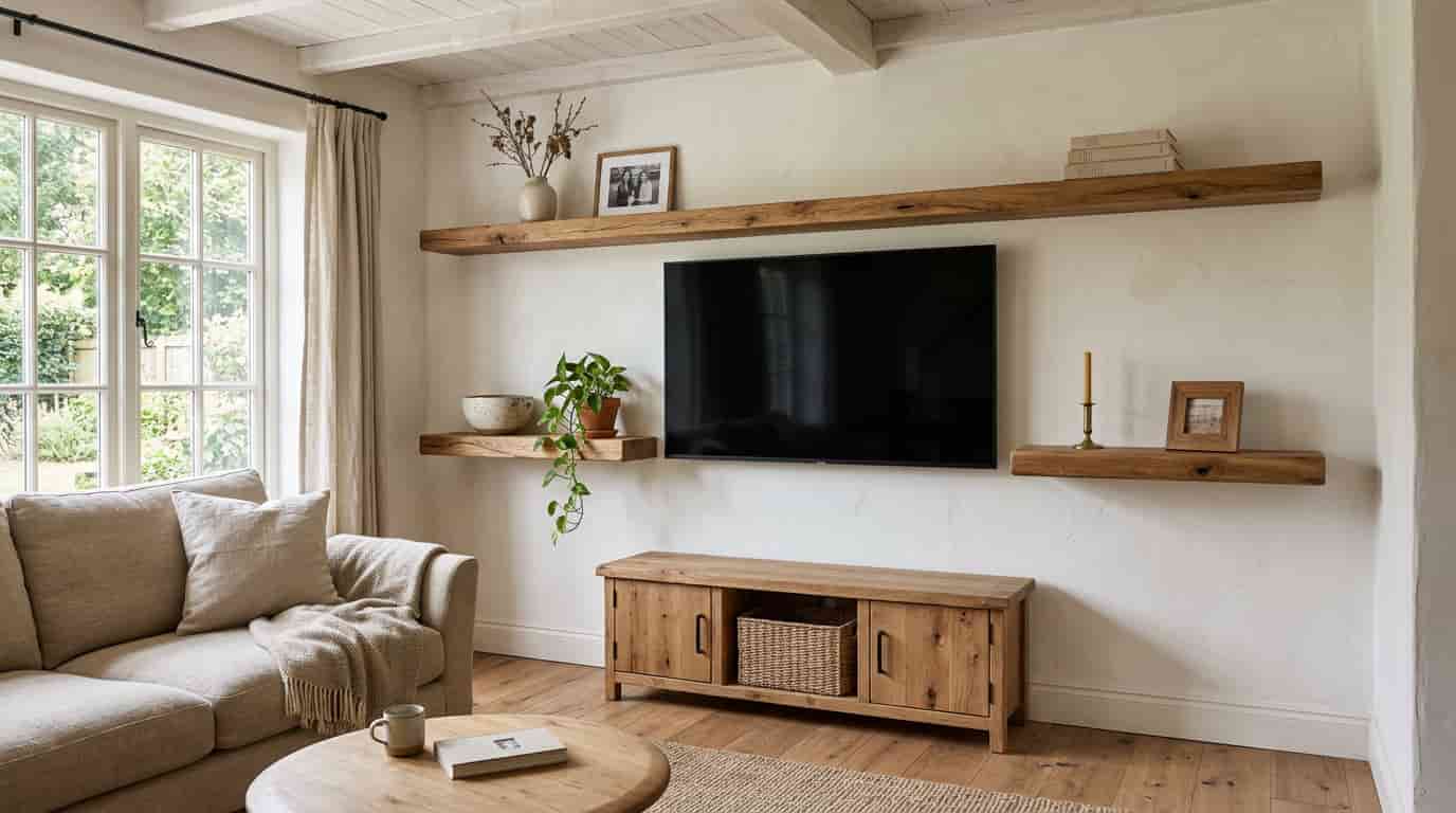 Mounted television framed by thick wooden shelves displaying pottery, photographs, candles, and greenery.