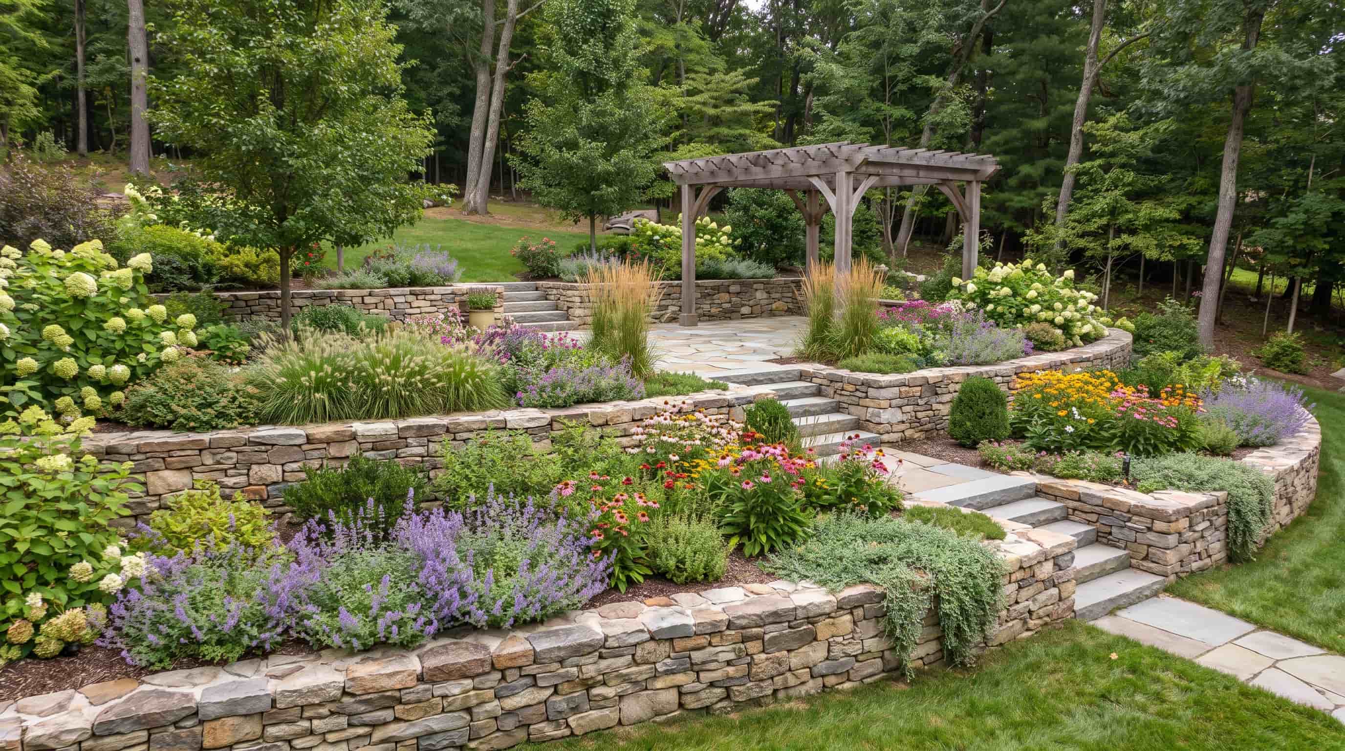 Multi-level garden retaining walls creating planted tiers on a sloped backyard landscape.