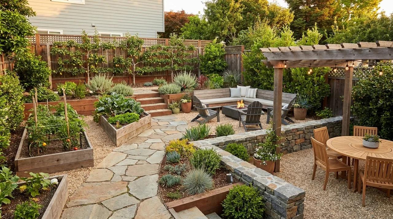 Small backyard divided into seating, planting, and outdoor living zones.