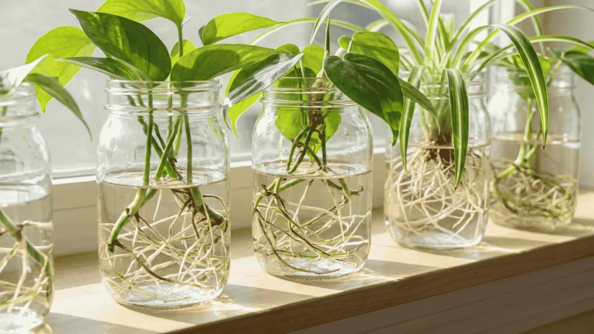 Indoor plants growing in glass jars filled with water, showing healthy white roots and green leaves as an example of natural fertilizer for plants growing in water methods