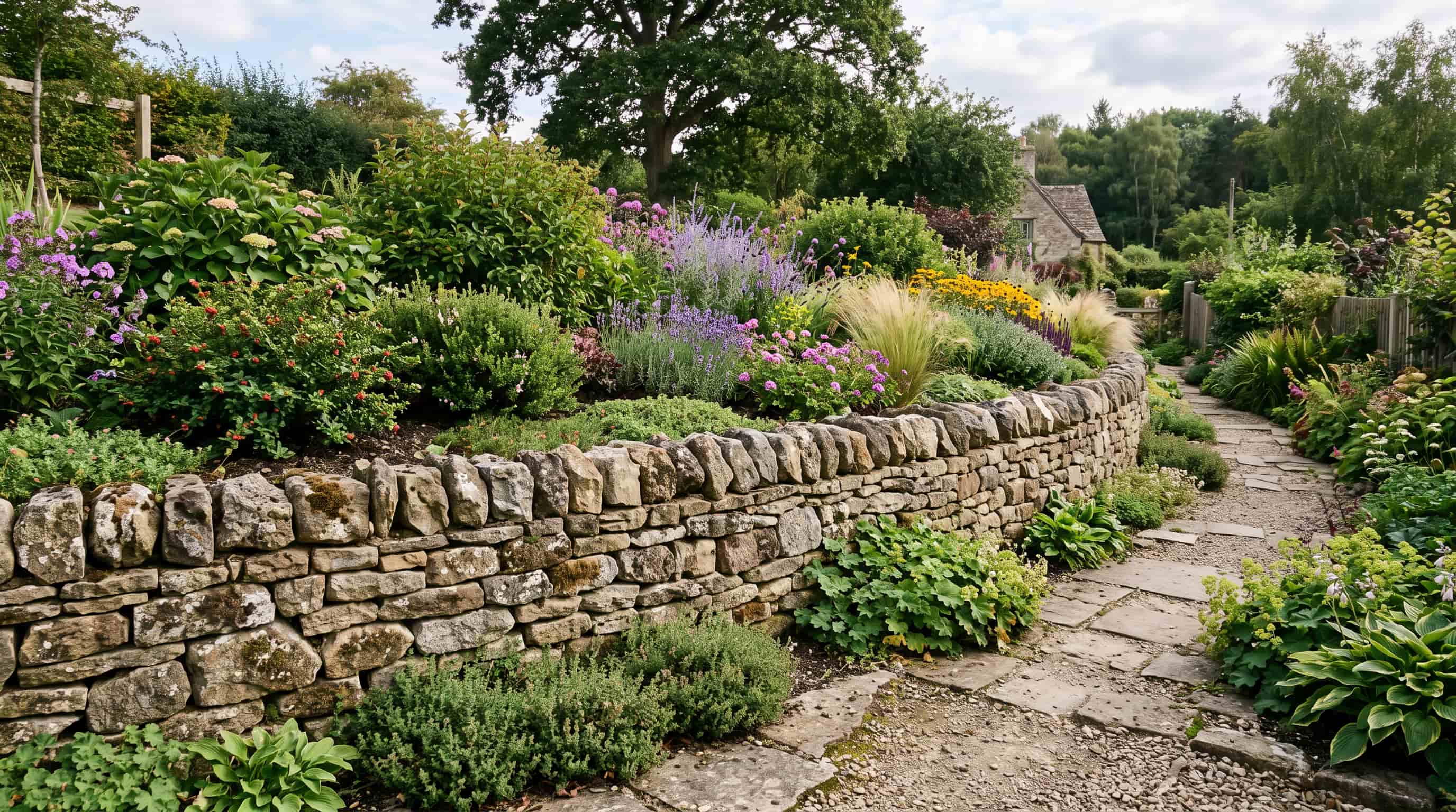 Natural stone retaining wall with stacked rocks supporting a landscaped garden area