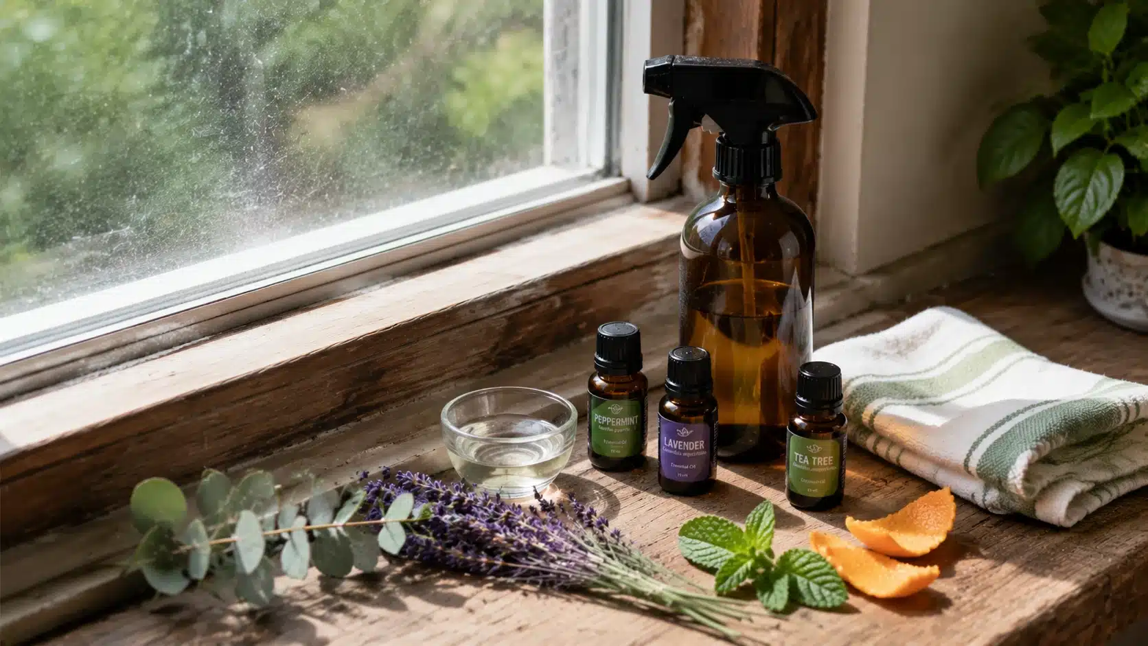 Natural spider repellents with essential oils, spray bottle, herbs, and citrus placed on a wooden windowsill for home prevention.