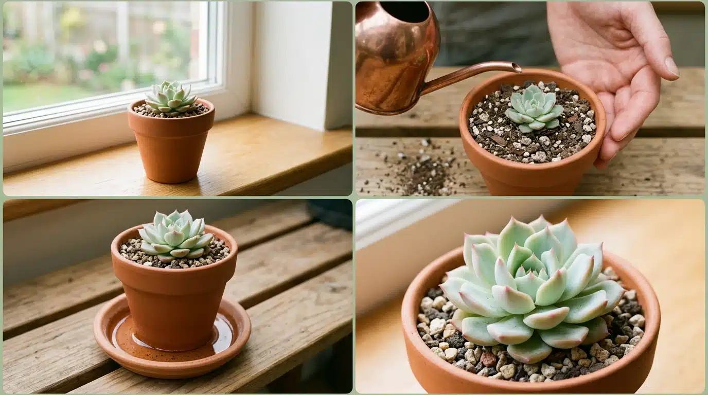 Newly planted succulent receiving proper light and care with drainage, watering, and transplant stress management steps in a garden setting.