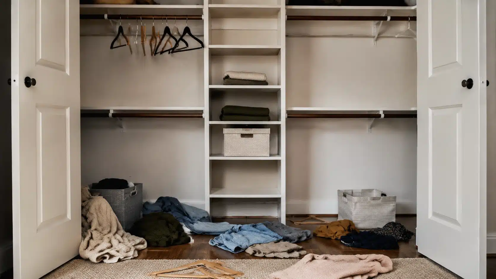 Open closet emptied for inspection with clothes, blankets, and storage bins checked for moth infestation signs.