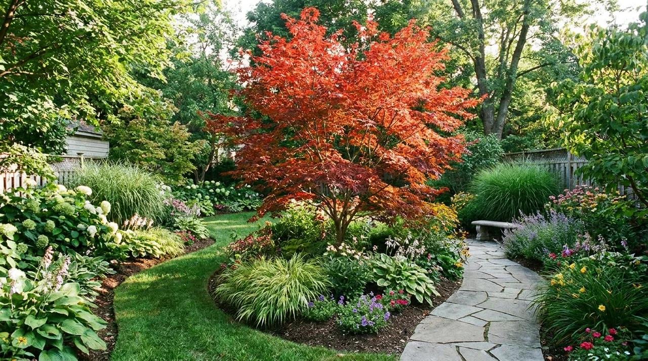 Small backyard featuring an ornamental tree surrounded by plants and garden beds.