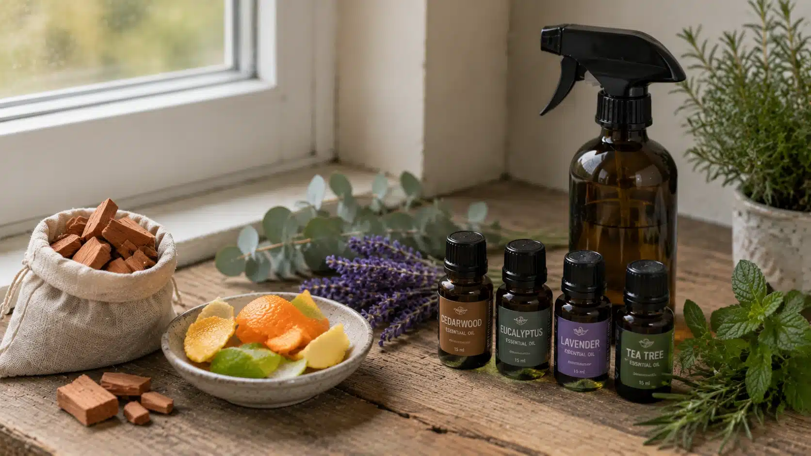 Cedar, citrus peels, eucalyptus, lavender, tea tree oils, and spray bottle arranged as natural spider-repelling remedies.