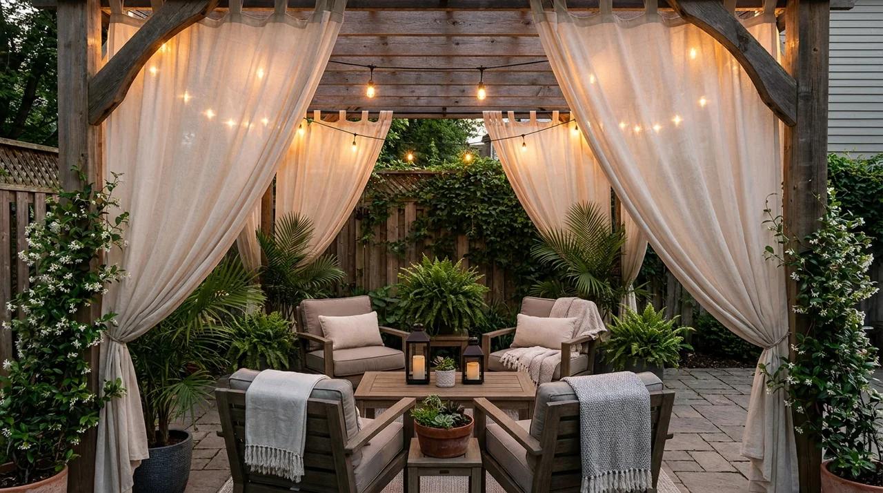 Backyard lounge with outdoor curtains, seating, plants, and soft lighting.