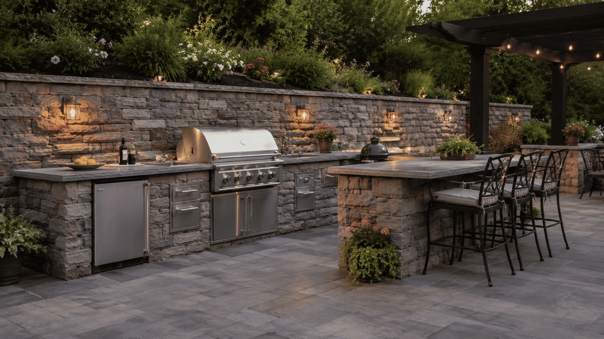 Stone retaining wall with a built-in outdoor kitchen, stainless steel grill, bar seating, garden plants, and warm patio lighting