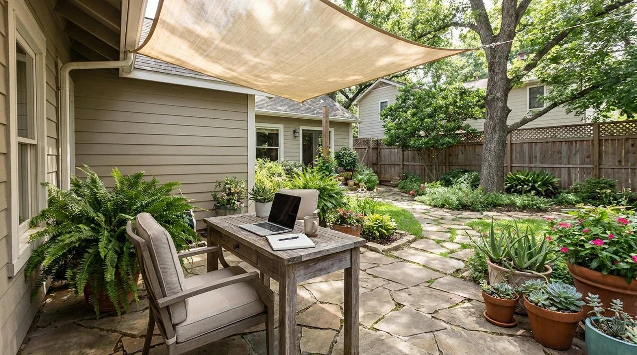 Backyard workspace with compact desk, chair, and plants in a quiet garden corner.