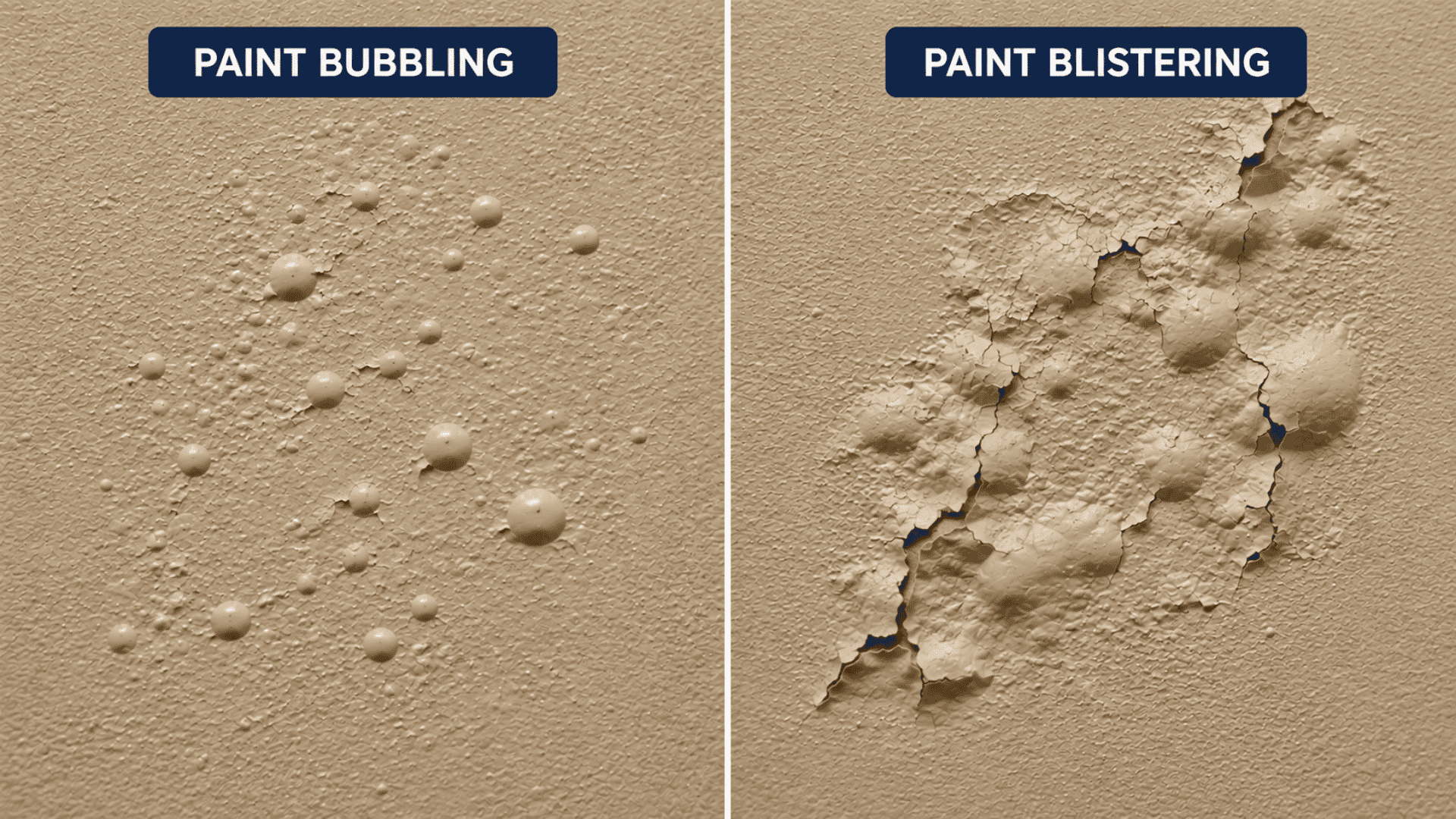 Side-by-side beige walls showing early paint bubbles on the left and severe cracked, peeling blisters on the right.