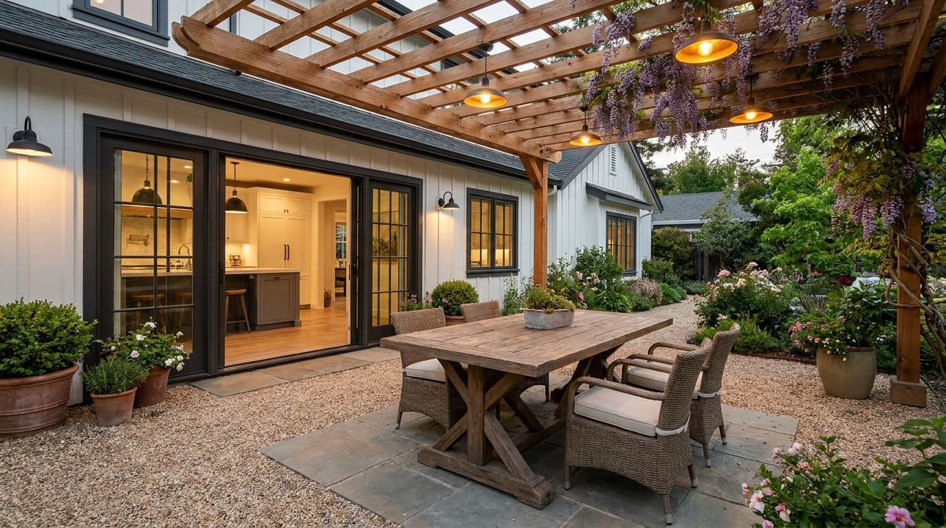 Pea gravel dining patio with pergola, outdoor table, chairs, and warm lighting beside a house