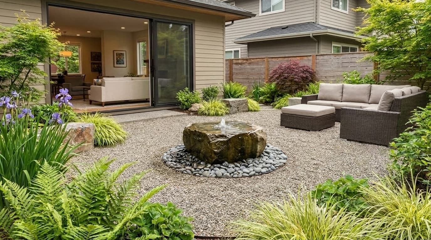 Pea gravel patio with garden fountain, stone accents, plants, and outdoor seating area