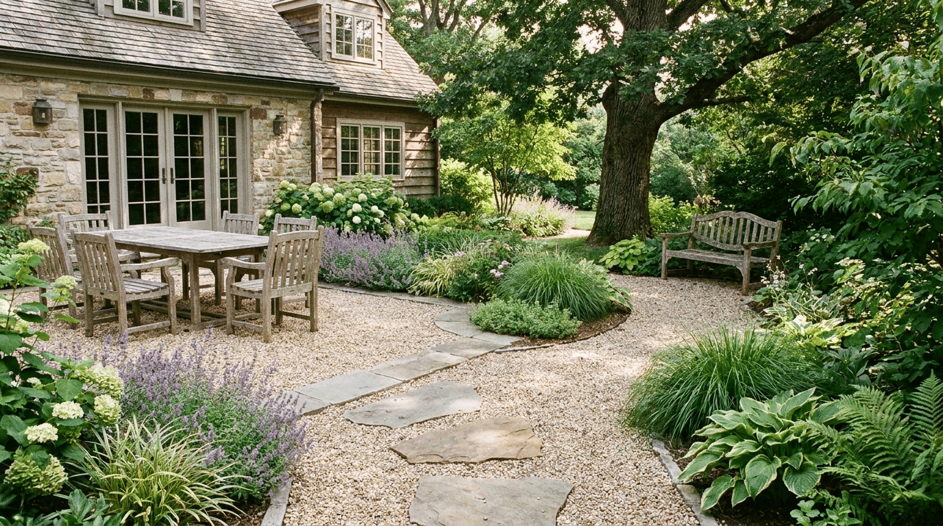 Pea gravel patio with curved garden walkway, stepping stones, and soft planted borders