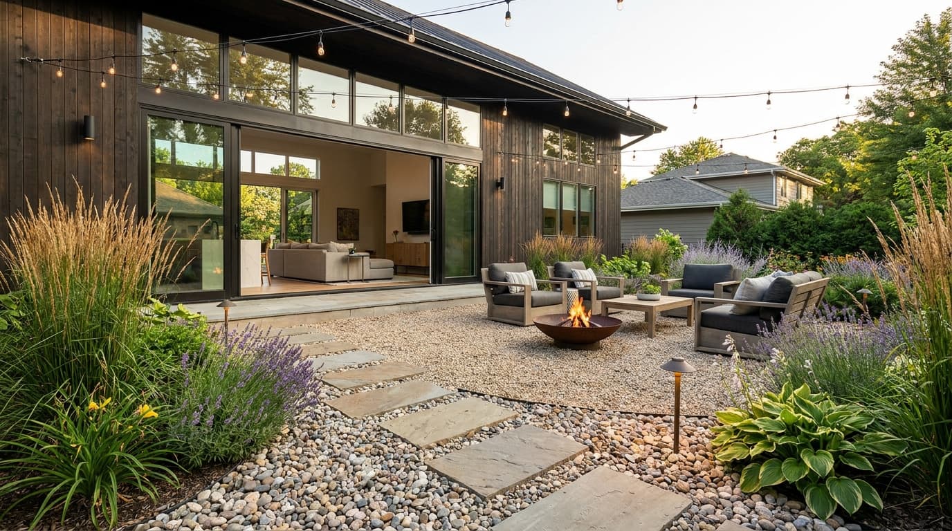 Beautiful pea gravel patio with outdoor seating, landscaping, and modern backyard design beside a house