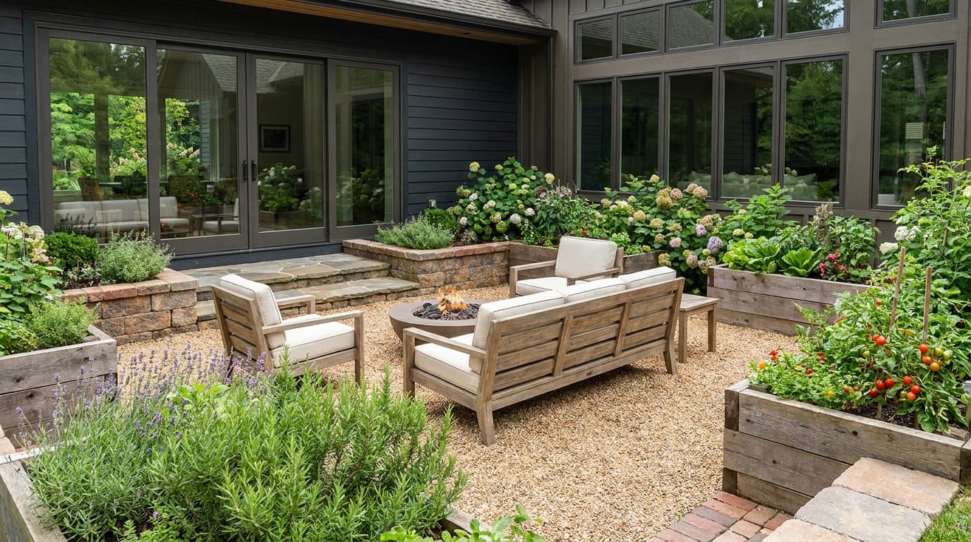 Pea gravel patio framed by raised garden beds with flowers, herbs, and outdoor seating