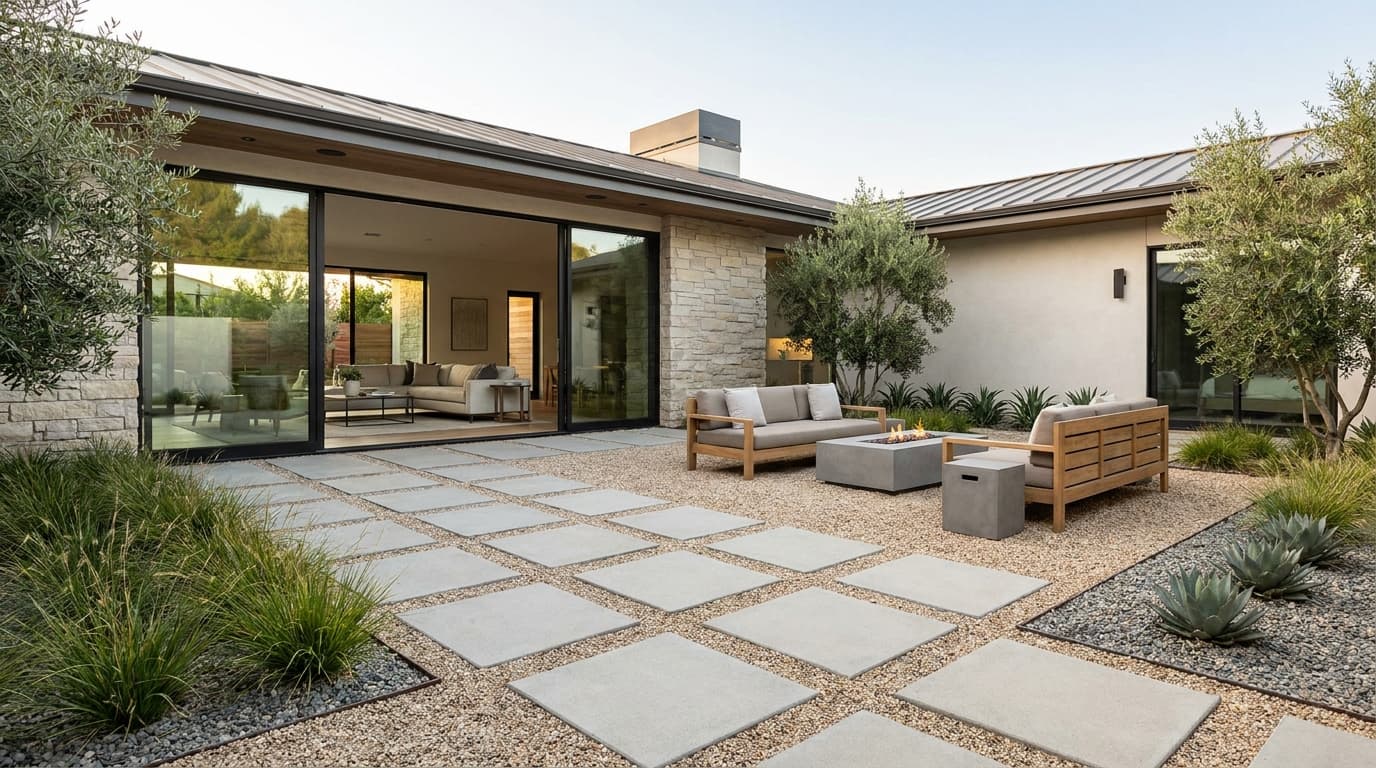 Pea gravel patio with large square pavers arranged in a modern grid pattern beside a home