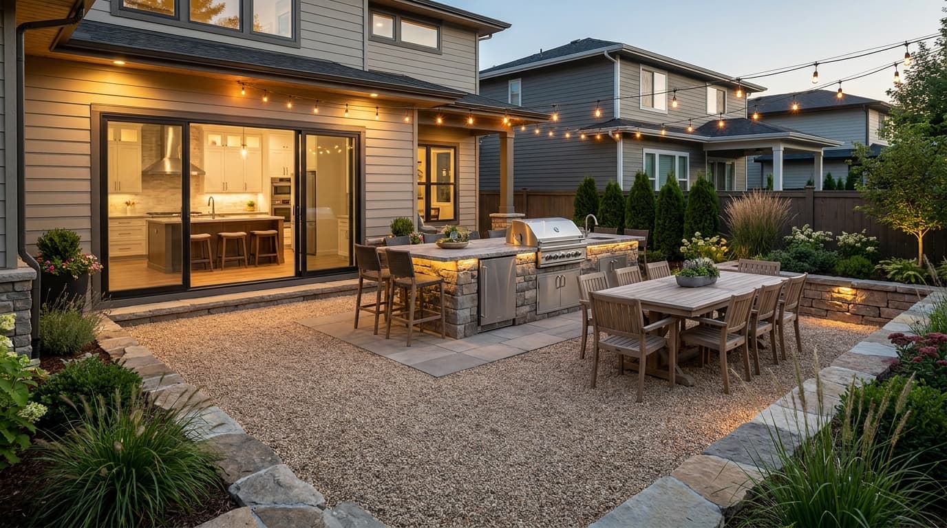 Pea gravel patio with outdoor kitchen, grill, stone counters, and backyard dining space