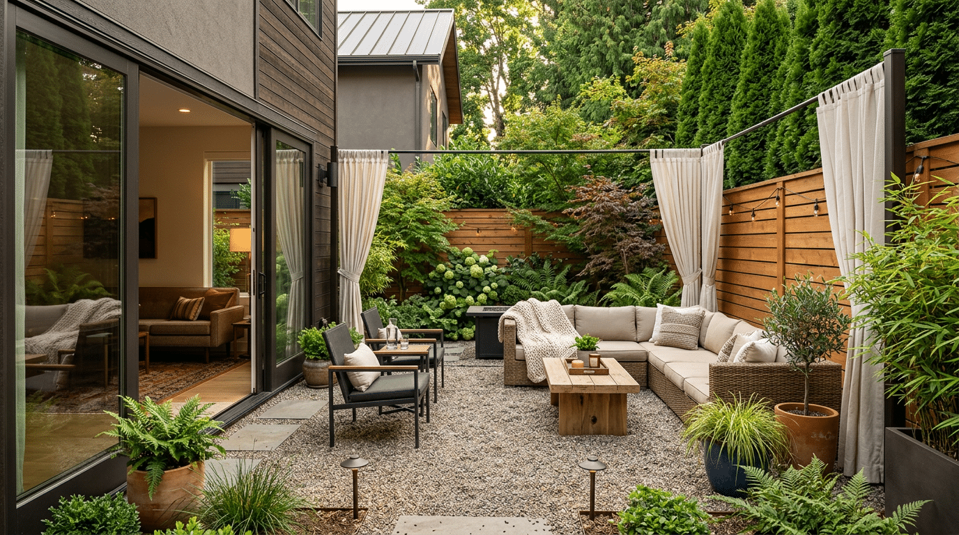 Private pea gravel patio with wooden screen, greenery, outdoor seating, and house connection