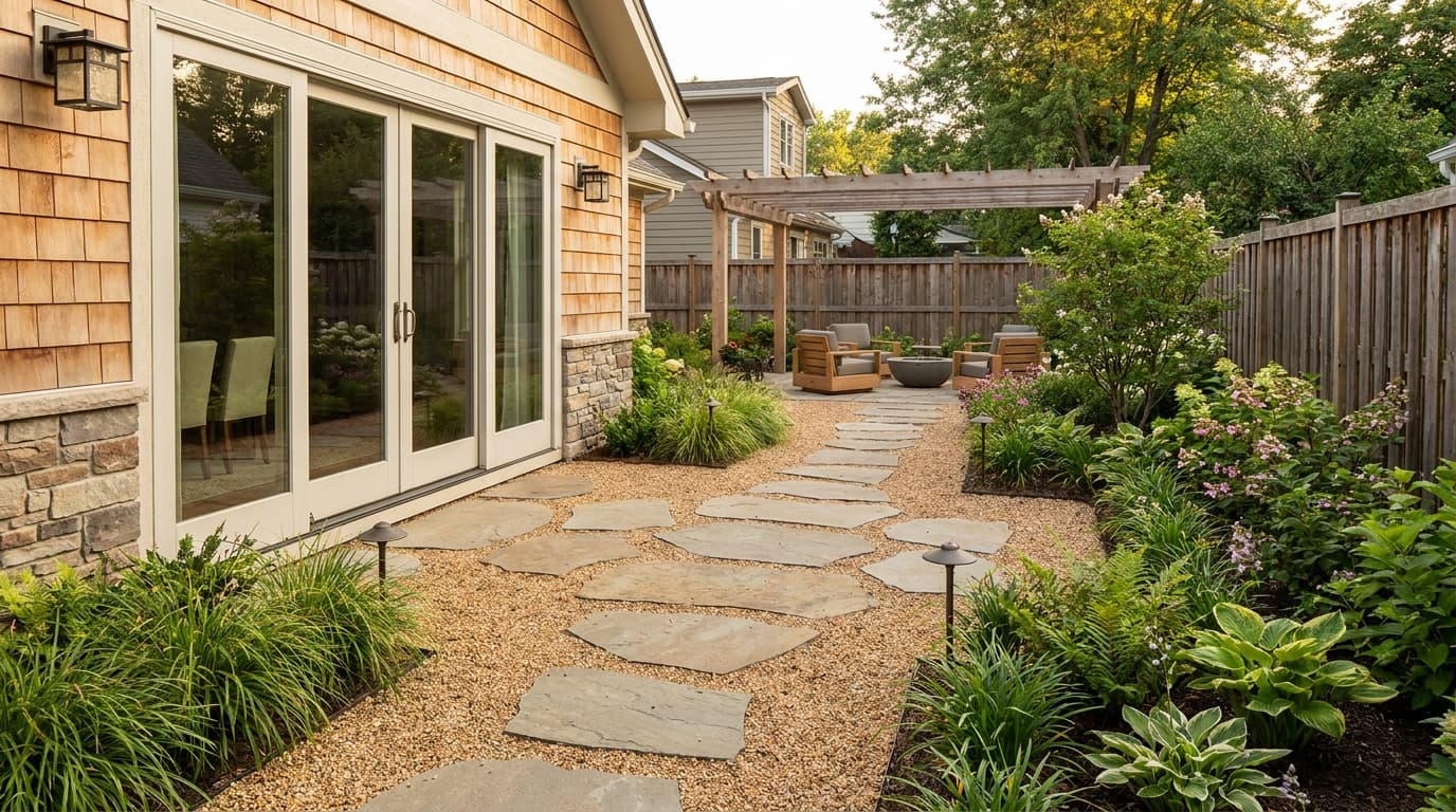 Pea gravel patio with stone pathway connecting a home to a landscaped outdoor seating area