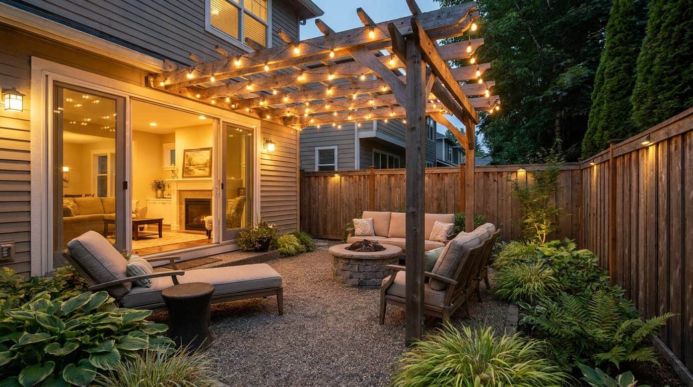 Pea gravel patio with warm string lights, outdoor seating, and a cozy backyard evening setup