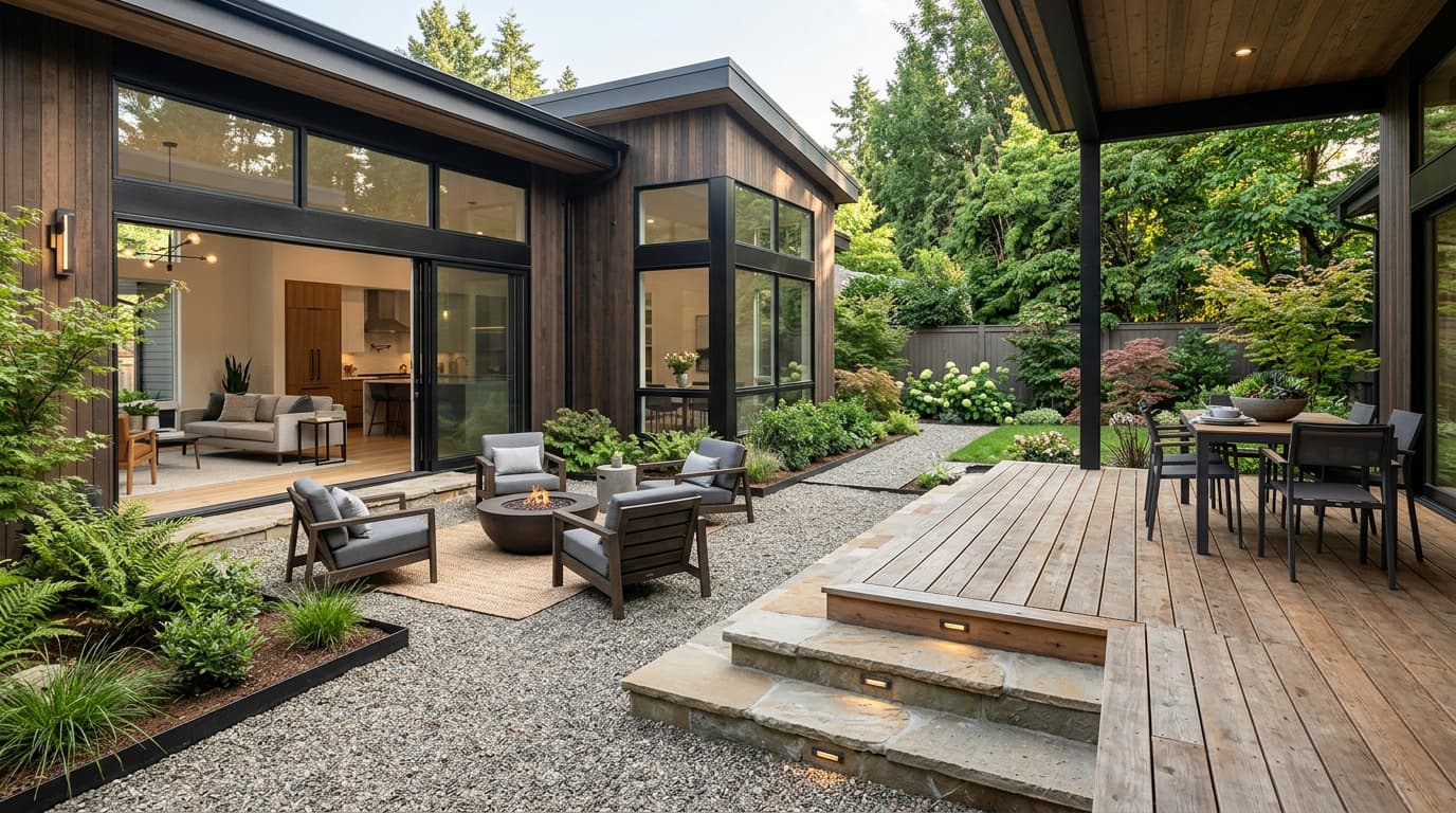 Wooden deck combined with pea gravel patio creating separate outdoor dining and lounge areas
