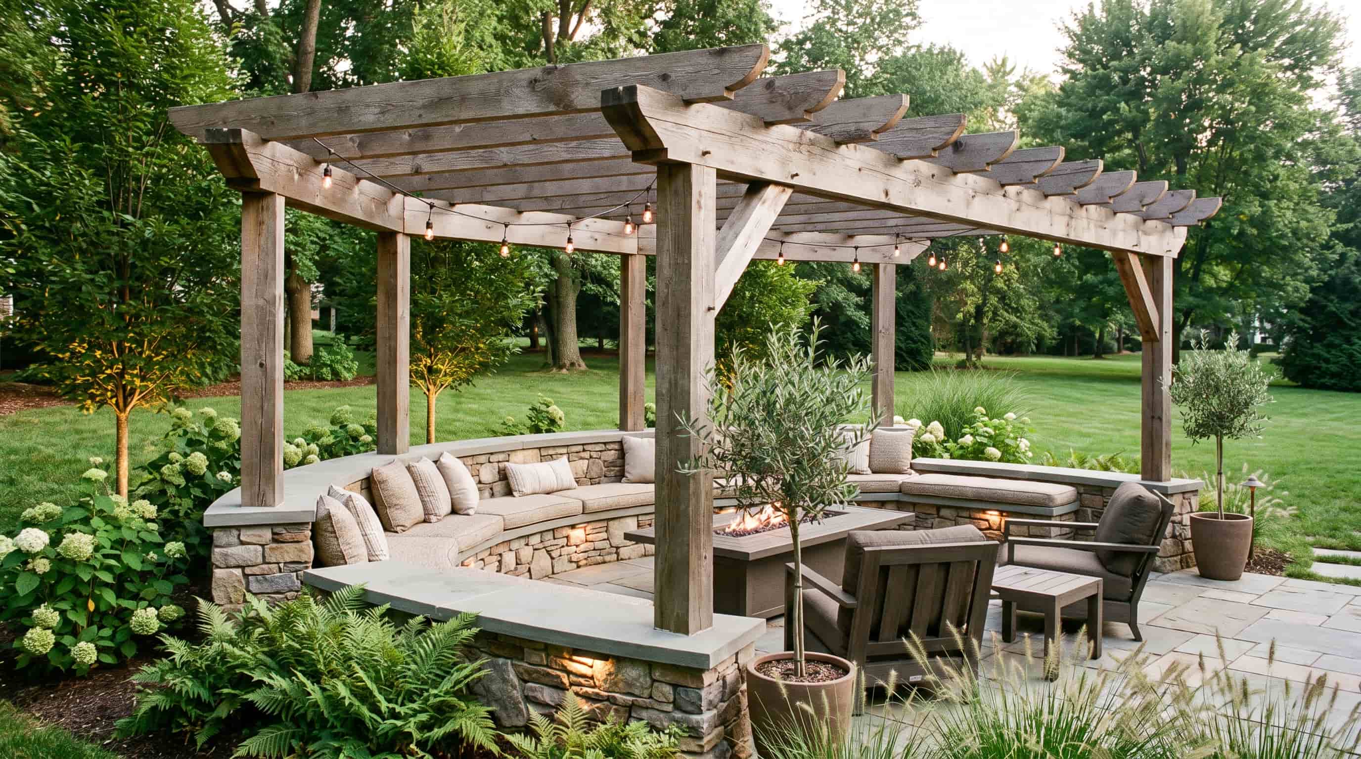 Pergola seating area with a retaining wall, built-in seating, and landscaped backyard retreat.