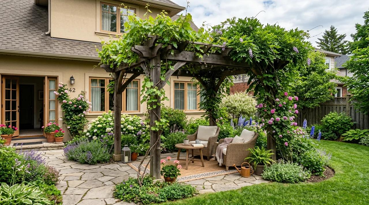 Backyard pergola covered with climbing plants creating a shaded outdoor space.