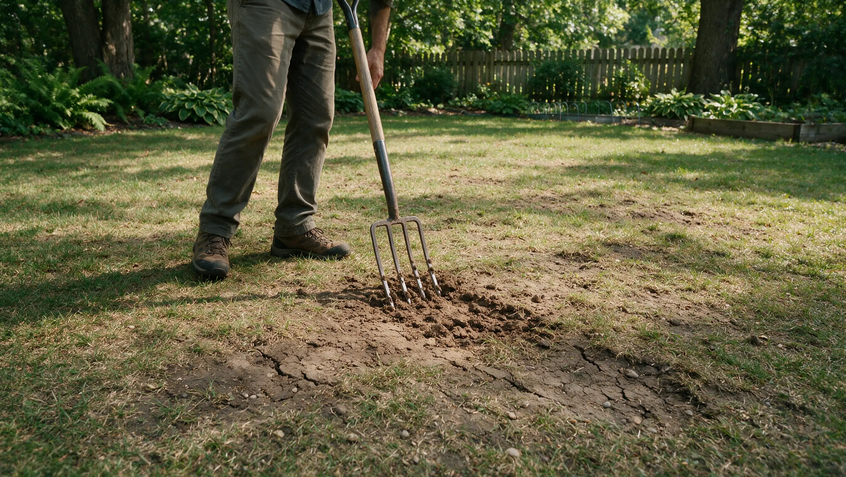Person using a garden fork to inspect and loosen dry, compacted soil in a patchy lawn.
