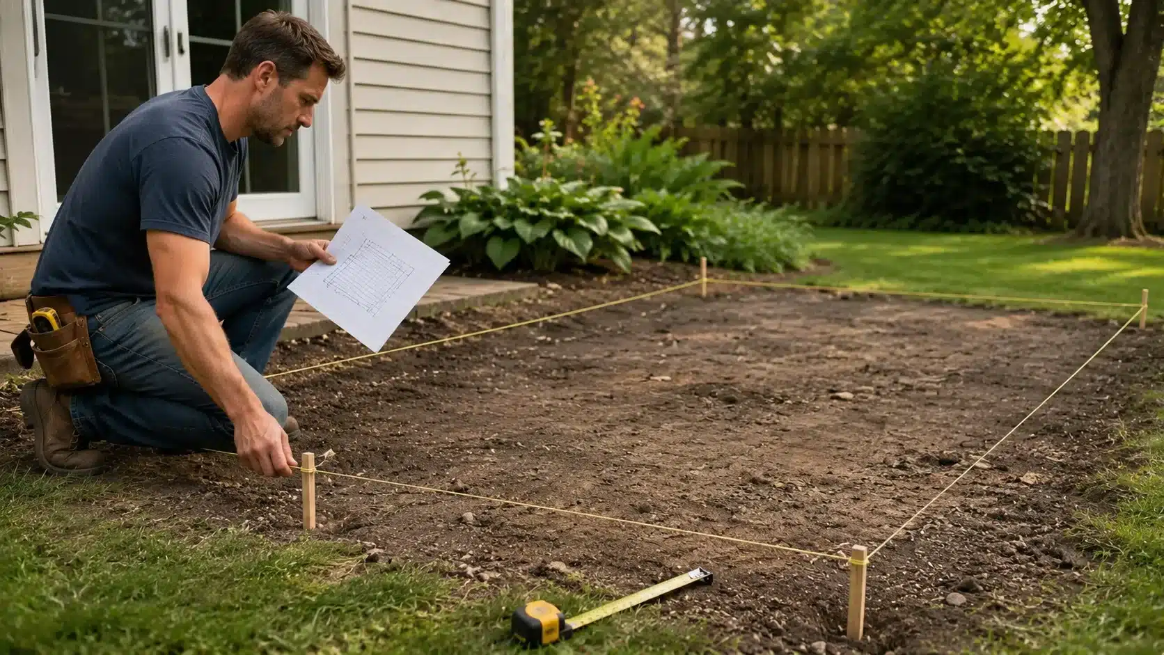Marking a deck layout with stakes, string lines, and a construction plan in a backyard