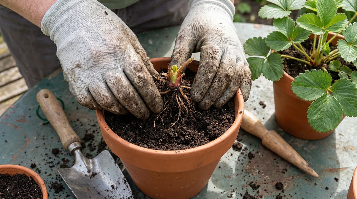Hands planting a strawberry crown correctly in a container