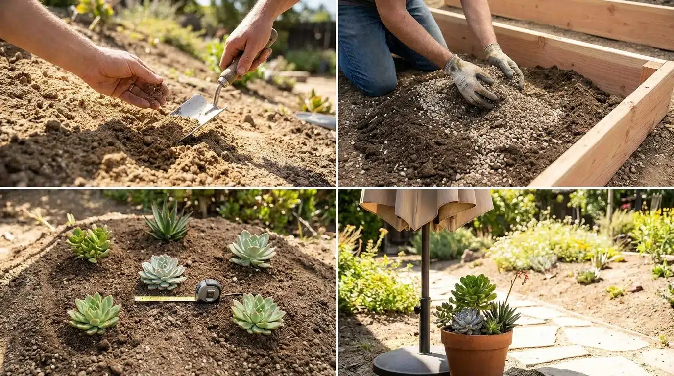 Planting succulents outdoors in a garden bed with well-drained soil, spacing, sunlight, and raised planting areas.