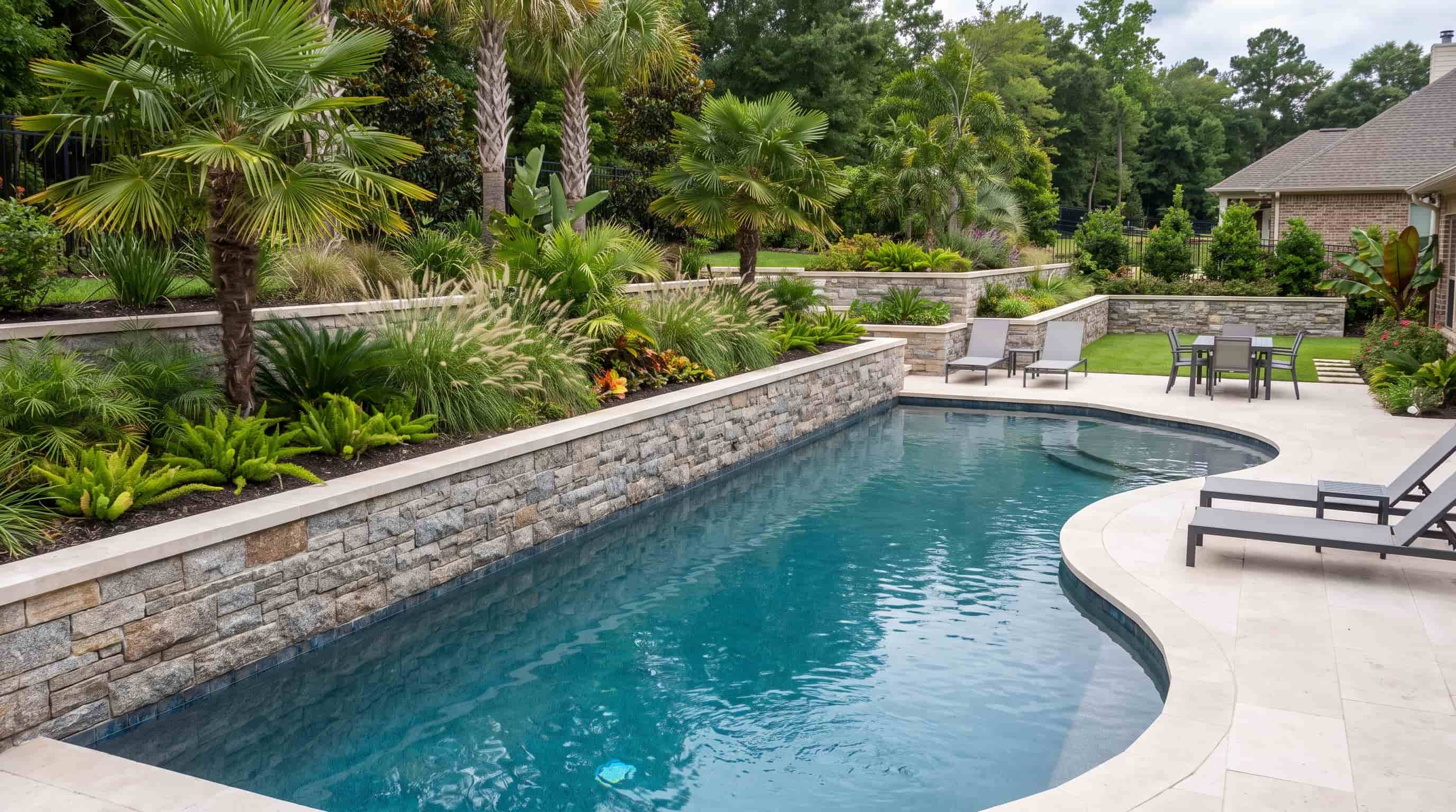 Poolside retaining wall with raised planting areas and greenery around a backyard swimming pool.