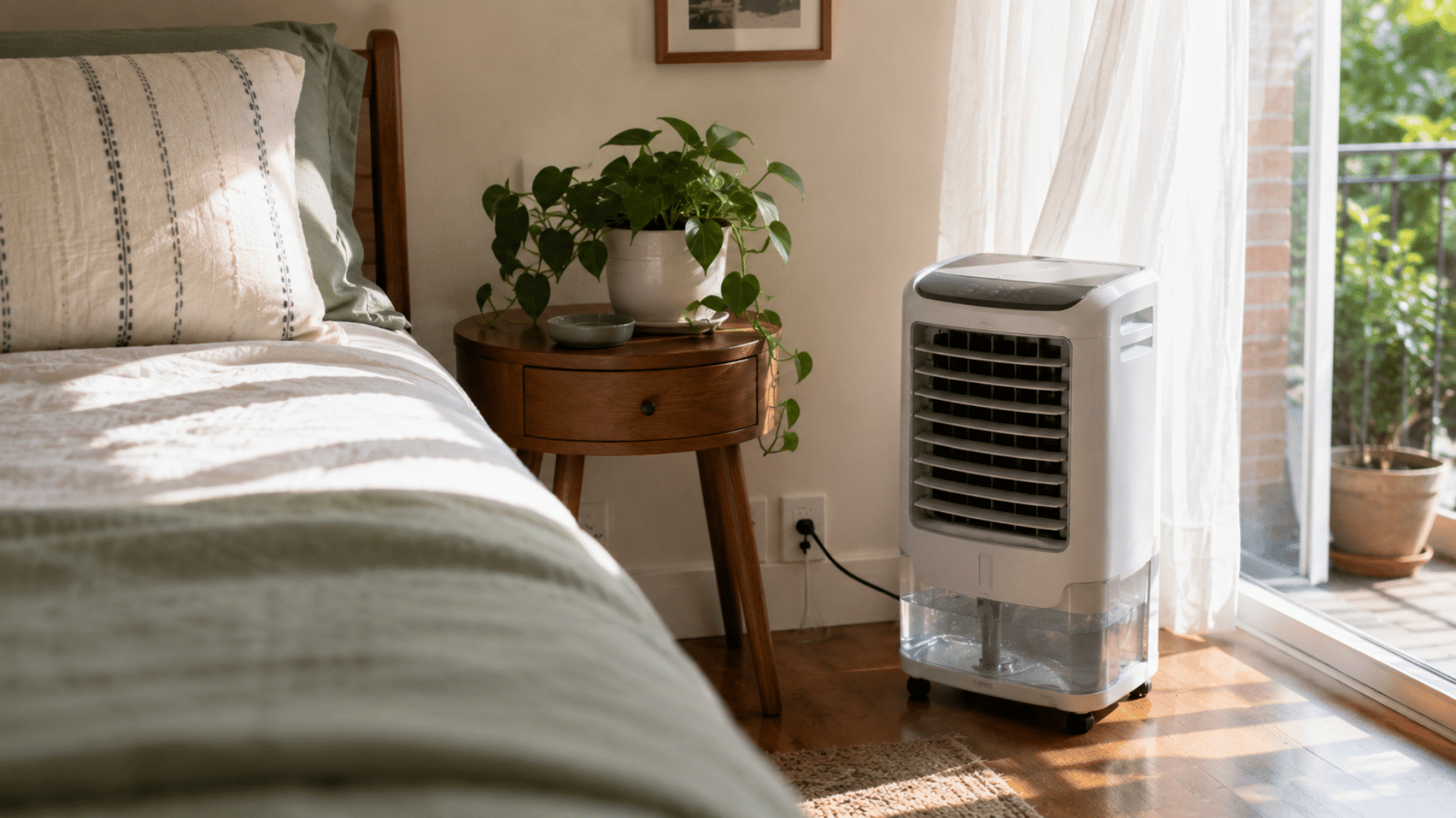 Portable evaporative cooler beside a bed in a bright bedroom, with a visible water tank and curtains moving in the breeze.