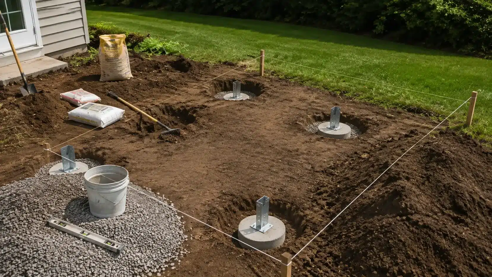 Preparing deck footing holes with concrete bases and support posts in a cleared backyard area