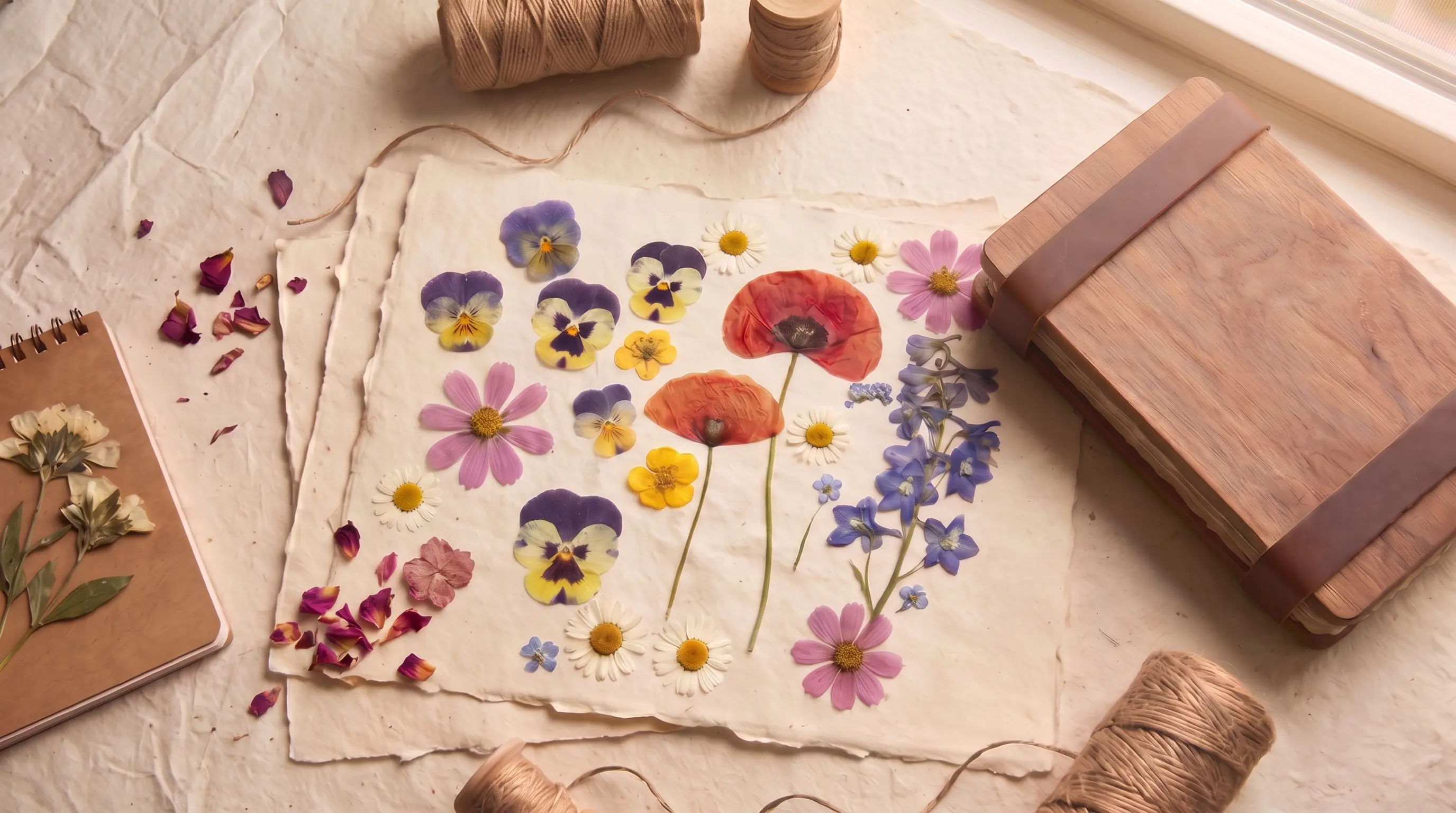 Pressed flowers arranged for handmade craft and decorative display