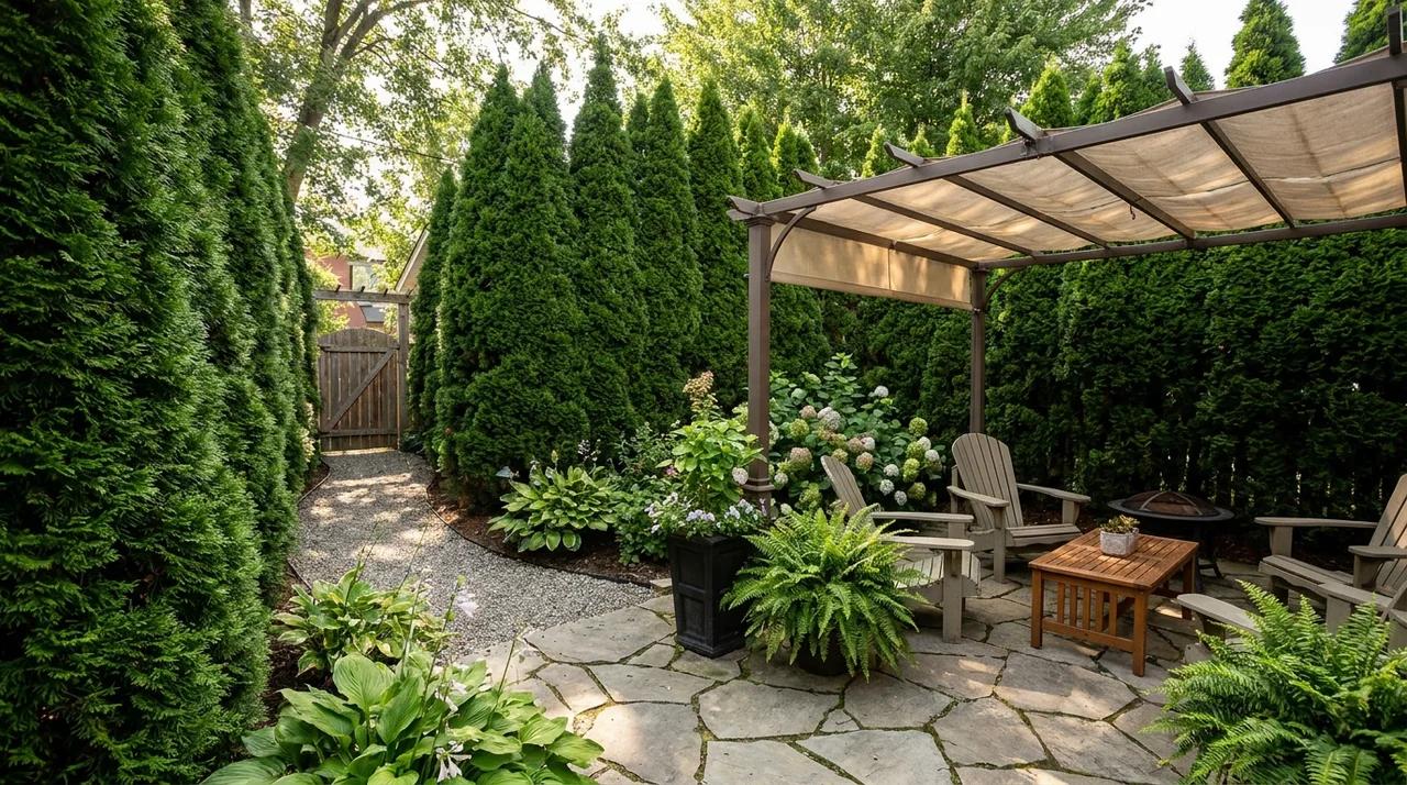 Small backyard enclosed with green privacy hedges and garden plants.